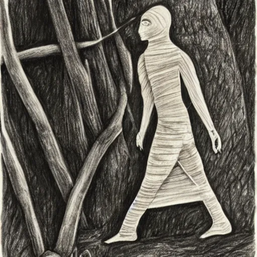 Prompt: bandaged mummy walks through camp, in jungle, pencil drawing, engraving, simple