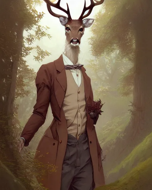 Prompt: anthropomorphic art of a scientist deer, victorian inspired clothing by artgerm, krenz cushart, victo ngai, ryohei hase, artstation. leaves, paper. highly detailed digital painting, smooth, global illumination, fantasy art by greg rutkowsky, karl spitzweg