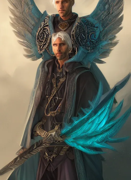 Image similar to an epic fantastic realism comic book style portrait painting of an aasimar hexblade warlock, teal energy, male, grand angel wings, silver hair, short beard, cloak, d & d concept art, unreal 5, daz, hyperrealistic, octane render, cosplay, rpg portrait, dynamic lighting