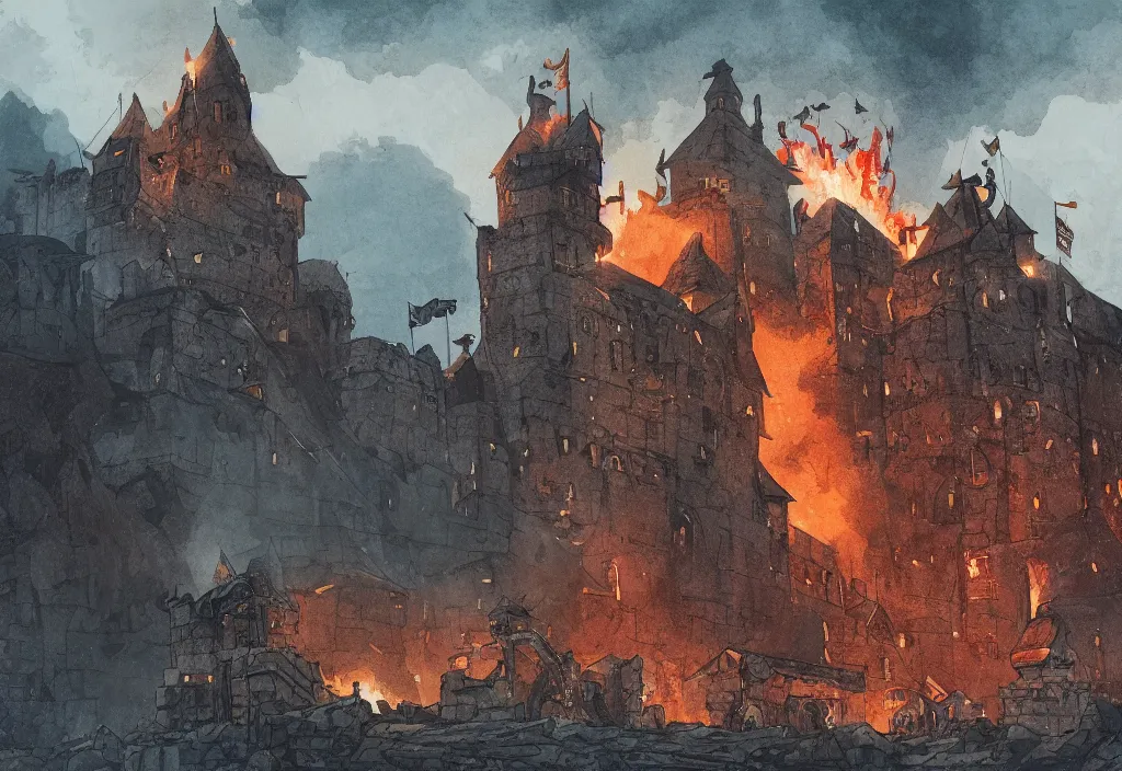 Prompt: handmade illustration of an small medieval castle being attacked by some medieval soldiers, fire and smoke, catapults and arrows, line art, ink, heavy brushstrokes, watercolor by Kilian Eng and by Jake Parker, winning-award masterpiece, fantastic, octane render, 8K HD Resolution, High quality image