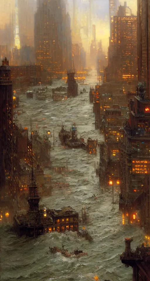 Image similar to the sea flooding the entire city of modern new york. you can see the water entering buildings highly detailed painting by gaston bussiere, craig mullins, j. c. leyendecker