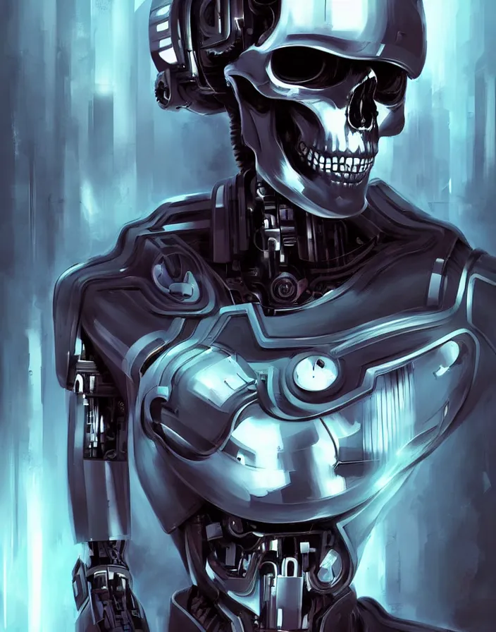 Image similar to skull - headed robot cyborg painting, illutstration, concept art, cyberpunk, futurism, comics art, artgerm, full body shot, wide angle