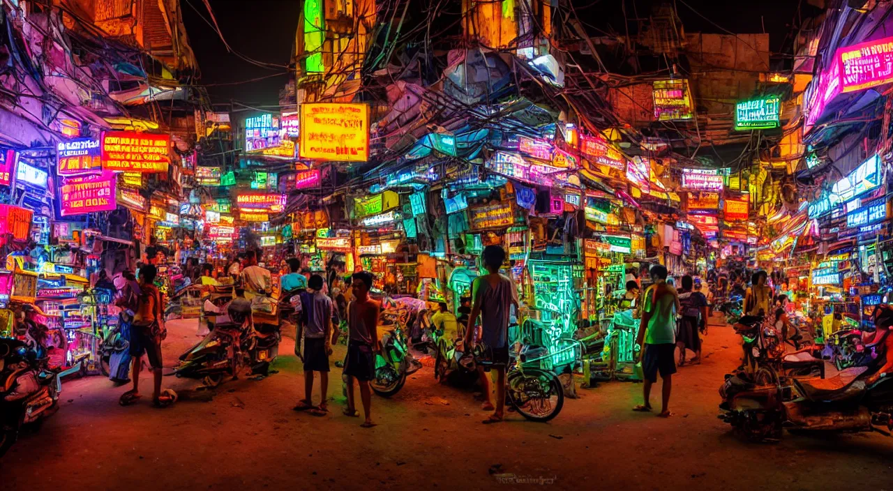 Image similar to Cyberpunk Market, futuristic Phnom-Penh Cambodia, neon lighting