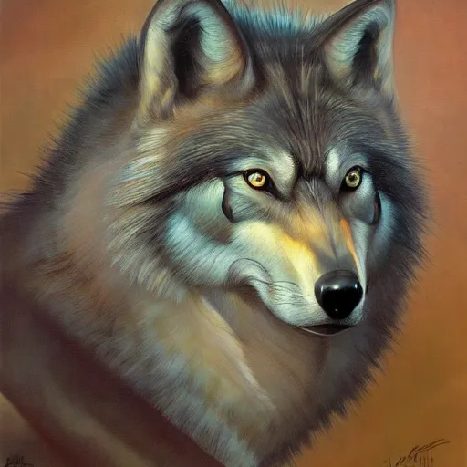 Image similar to detailed portrait of wolf fish hybrid if his parents lived intricate, hyper detailed, realistic, oil painting, by julie bell, frank frazetta, cinematic lighting