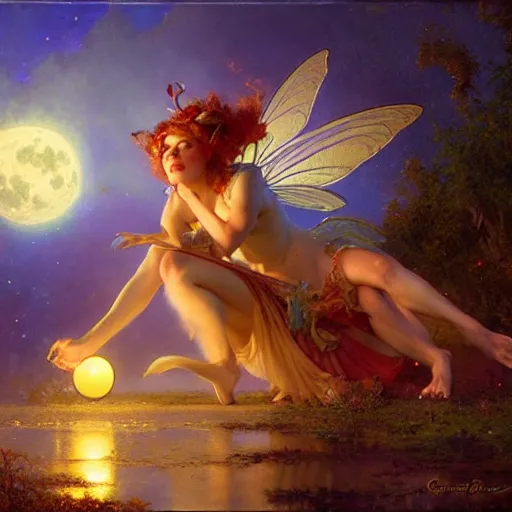 Image similar to attractive fairy magically floating high in the night, fantasy, full moon in background. highly detailed painting by gaston bussiere, craig mullins, j. c. leyendecker, mid shot, 8 k