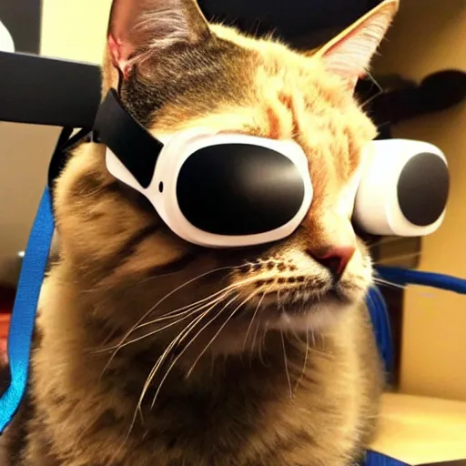 Prompt: a cat wearing a vr headset, cyberpunk, rgb,