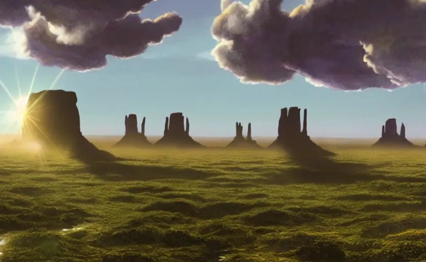 Image similar to a hyperrealist cell - shaded cartoon movie still from howl's moving castle ( 2 0 0 4 ) of a city in a flooded stonehenge monument valley. a rainforest is in the background with shafts of sunlight from above. very dull muted colors, hd, 4 k, hq