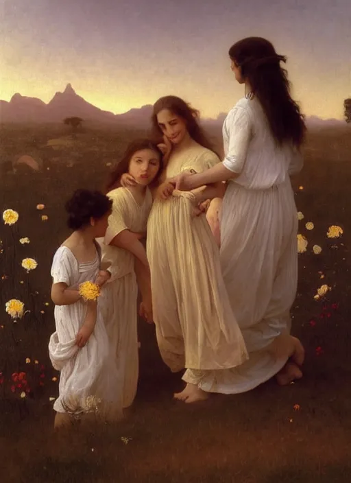 Prompt: oil painting portrait of a family one with long flowing hair in a white dress, dancing through a field of flowers at sunset with mountains in the background, hazy, chiaroscuro, artstation, cinematic, golden hour, digital art painting by diego velasquez, - adolphe bouguereau, hazy atmosphere, flowers, cinematic lighting