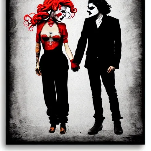 Image similar to mimmo rottela and banksy as joaquin phoenix skinny joker holding hand lady gaga harley queen, very realistic, intricate details, pop art style, concept art, confident, love, random object movement, 3 colours, proportional, warm color, 4 k, ultra smooth, sharp focus