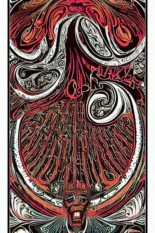 Image similar to Flowing lettering that says The Bozone, Fillmore concert poster for The Bozone by Robert Crumb, by Victor Moscoso, by Laurie Lipton, black light velvet poster for a band called The Bozone, intricate paisley filigree of lettering that says The Bozone, Bozo the clown. Clown motif, Shiny bulbous red clown nose at the center of an infinite fractal mandala tunnel of clowns, Unreal Engine, Cryengine, trending on Artstation,