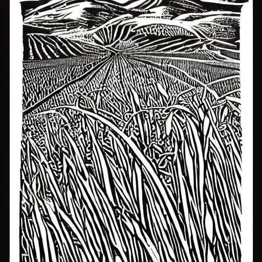 Prompt: intricate, detailed, Linocut Art on paper of fields of wheat in the northwest. Latin American Linocut Art, grabado mexicano.