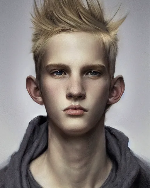 Prompt: portrait of 1 5 - year - old boy, a tall, slender boy with a pale, pointed face, white - blond hair, ice grey eyes, a pale complexion with sharp and pointed features, hyper realistic face, beautiful eyes, fantasy art, in the style of greg rutkowski, intricate, hyper detailed, smooth