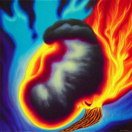 Image similar to 8 0 s new age album cover depicting a mushroom cloud in the shape of guy fieri, very peaceful mood, oil on canvas by georgia o'keefe