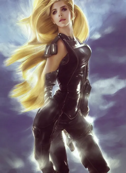 Prompt: portrait of a combination of Ashley Greene, Katheryn Winnick, Victoria Justice and Adriana Dxim, Grace Kelly, Emma Watson and Lily Collins with blonde hair wearing Samus' Armor from Metroid, countryside, calm, fantasy character portrait, dynamic pose, above view, sunny day, thunder clouds in the sky, artwork by Jeremy Lipkin and Giuseppe Dangelico Pino and Michael Garmash and Rob Rey and Greg Manchess and Huang Guangjian, very coherent asymmetrical artwork, sharp edges, perfect face, simple form, 100mm