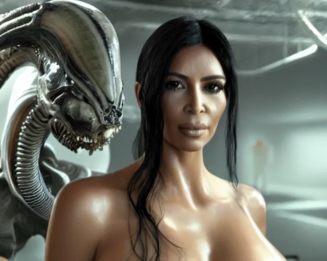 Image similar to film still of kim kardashian being fed by an xenomorph slathered in a transparent alien liquid, wet flowing hair, gooey skin, illustration, unreal engine 5, 8 k, directed by h. r. giger.