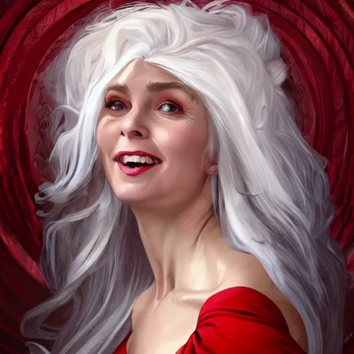 Image similar to middle-aged witch, grinning, foxy, sharp features, big whitened hair, sleeveless red dress, highly detailed, digital painting, artstation, concept art, smooth, sharp focus, beautiful face, expressive eyes, illustration, art by Artgerm and greg rutkowski and alphonse mucha