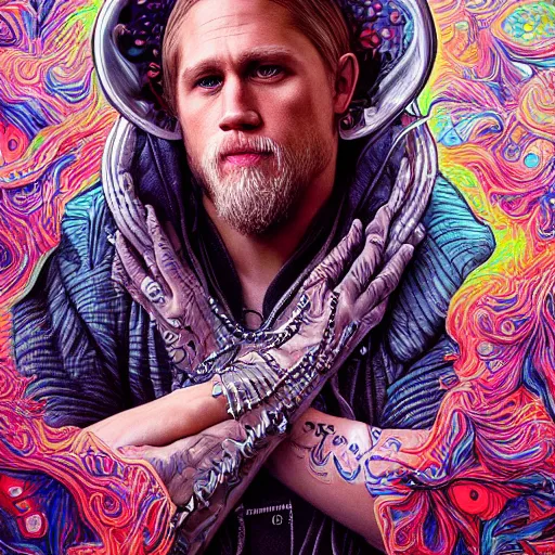 Image similar to portrait of charlie hunnam, hyper detailed masterpiece, neon floral pattern, jean giraud, digital art painting, darkwave goth aesthetic, psychedelic, artgerm, donato giancola and tom bagshaw