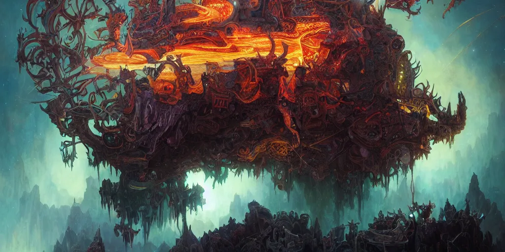 Image similar to gigantic demonic cosmic skull of death, outer space, fantasy painting, ultra realistic, dmt, symmetrical, wide angle, intricate details, digital painting, rainbowshift, vivid colors, highly detailed by peter mohrbacher, h. r. giger, maxfield parrish, alphonse mucha, craig mullins, octane render, cgi