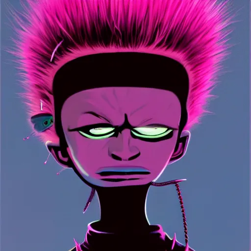 Image similar to a pink punk rock rapper alien with black spiked hair, an airbrush painting by Jamie Hewlett, cgsociety, symbolism, antichrist, aesthetic, 8k