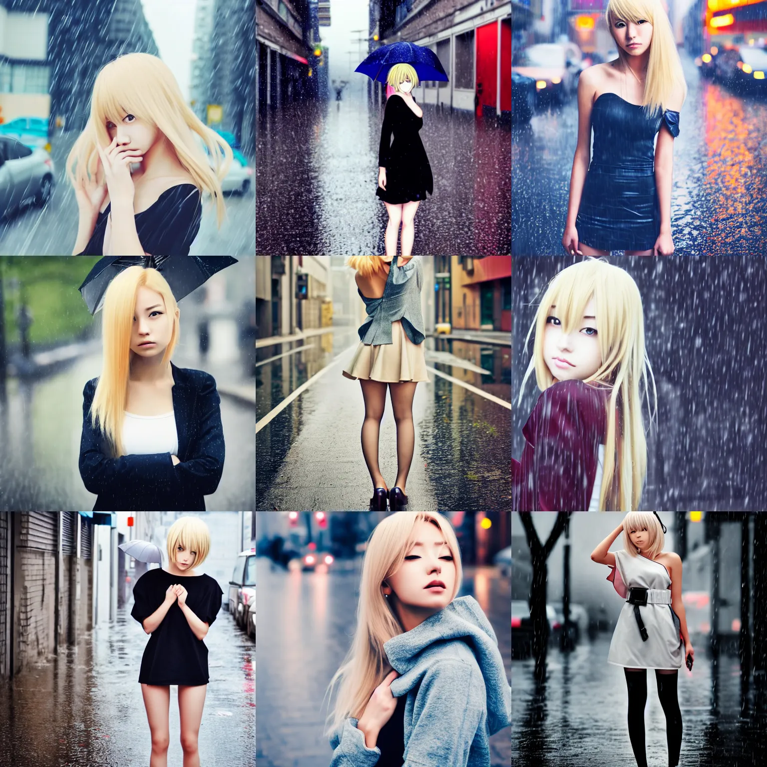 Prompt: high quality anime-style image of an attractive woman, light blonde shoulder-length hair, rainy urban streets, HD