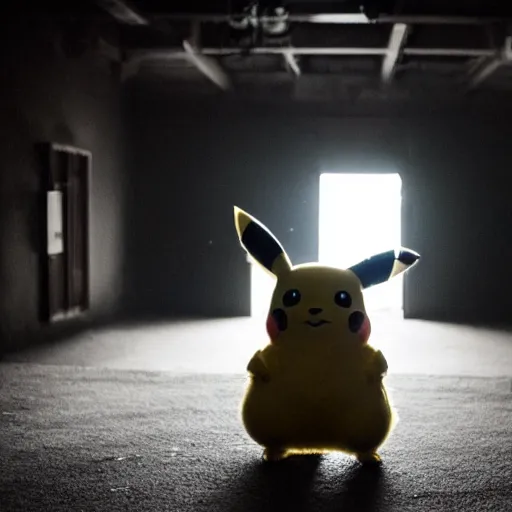 Image similar to pikachu in the backrooms, liminal spaces, dramatic lighting, dark and moody