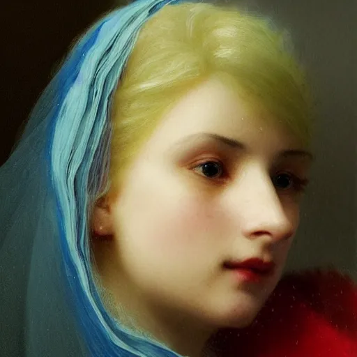 Image similar to a young woman’s face, her hair is white, her eyes are covered with a long flowing blue satin veil, by ivan aivazovsky and and paul delaroche and alma tadema and and willen claesz heda and aelbert cuyp and gerard ter borch, hyperrealistic, rendered in octane