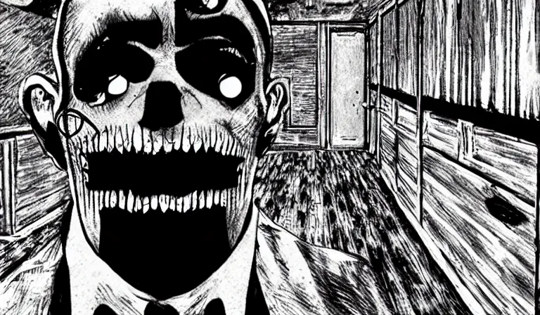 Image similar to First-person horror game, PC game with UI, by Junji Ito