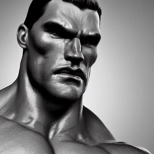 Prompt: overly muscular giant superhuman gigachad, grayscale, face closeup, epic, digital, highly - detailed, artstation cgsociety