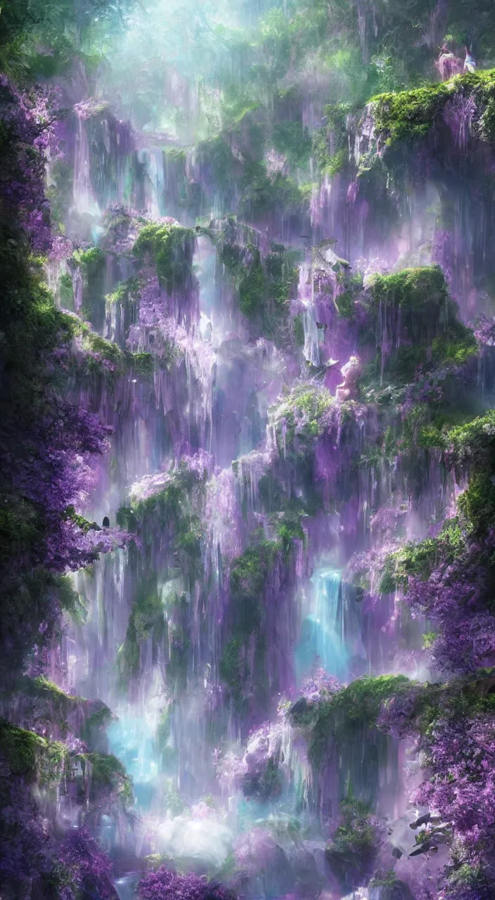 Image similar to a mystical fairy city in the amethysts wall of a dreamy waterfall cave with and lilac sunrays, trending on artstation, concept art, matte painting, 8 k