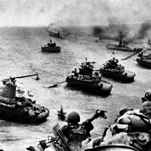 Prompt: go pro footage of d - day invasion, violent, blood, realistic