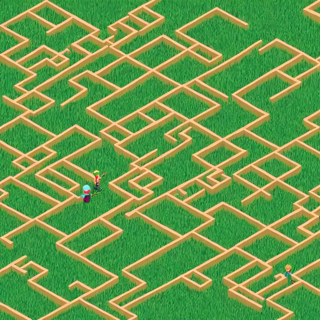 Image similar to wimmelbilder maze made of lawn with cartoon child mowing, isometric, very sharp