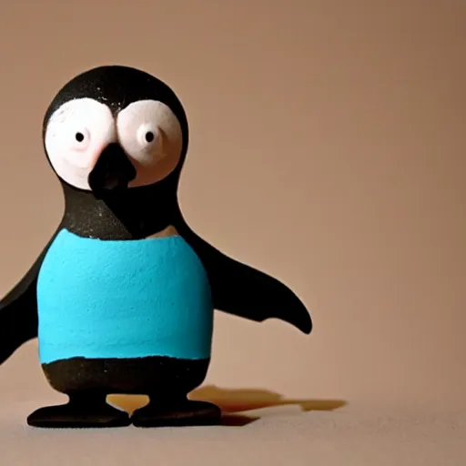 Image similar to a penguin, made of cyan colored clay, claymation