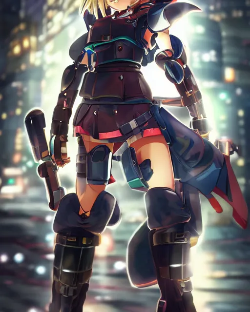 Image similar to full body portrait of anime girl in mechanic armor in night tokyo by makoto sinkai, perfect face, fine details