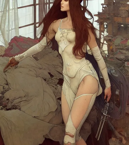 Image similar to woman model, combat mech clothes, in a bedroom!!!!!!!!!!!!!!!!!!!!, intricate clothes, elegant, highly detailed, digital painting, artstation, concept art, smooth, sharp focus, illustration, art by krenz cushart and artem demura and alphonse mucha