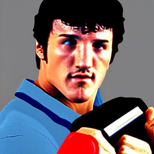 Prompt: rocky balboa holding a playstation!! controller!! video game console