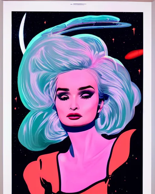 Image similar to a highly detailed and accurate pulp portrait of kim petras in space, 1 9 7 0 s, space station, neon light, delicate embellishments, woman art, painterly, offset printing technique