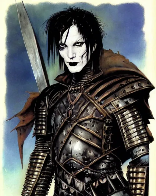Prompt: portrait of a skinny goth punk keany reeves wearing armor by simon bisley, john blance, frank frazetta, fantasy, thief warrior