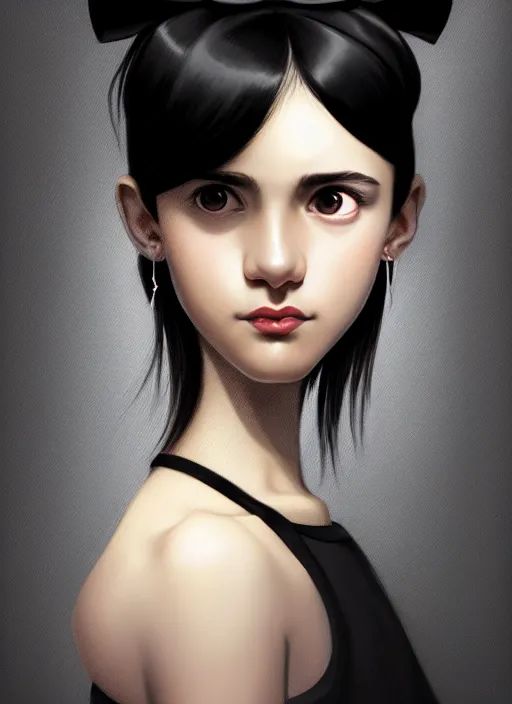 Prompt: portrait of teenage girl, narrow face, black hair, bangs, half updo hairstyle, skinny, big nose, smile, unattractive, defined jawline, big chin, wearing hair bow, earrings, intricate, elegant, glowing lights, highly detailed, digital painting, artstation, sharp focus, illustration, art by wlop, mars ravelo and greg rutkowski