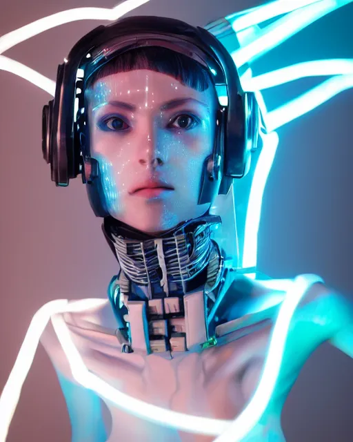 Prompt: photo of soulful female as a cyberpunk mecha humanoid robotic head and face parts with straight bright led lights, small light emitting cables, sweaty skin dripping down face, ultra - realistic and detailed, long exposure 8 k