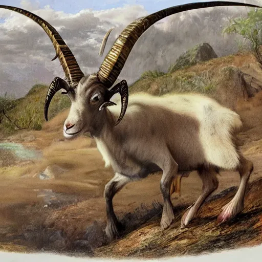 Image similar to hyperrealistic photo of a savage, deformed goat hybrid beast with ram's horns and sharp fangs, attacking a small medieval village