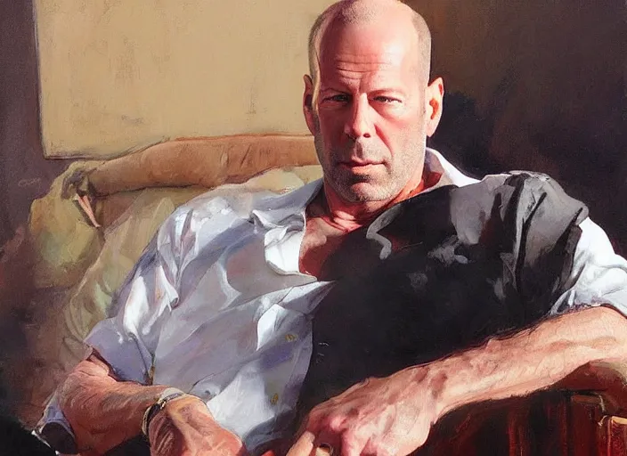 Image similar to a highly detailed beautiful portrait of bruce willis, by gregory manchess, james gurney, james jean