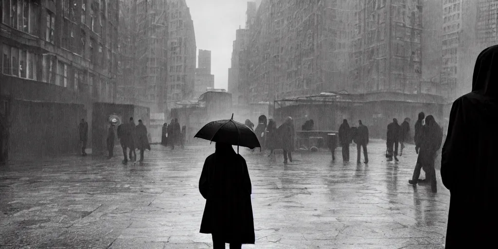 Image similar to medium shot of umbrella stall with sadie sink in hoodie. in ruined square, pedestrians on both sides. cyberpunk tenements in background : grainy b & w 1 6 mm film, still from schindler's list by steven spielberg. cinematic atmosphere, sharp face, perfect anatomy