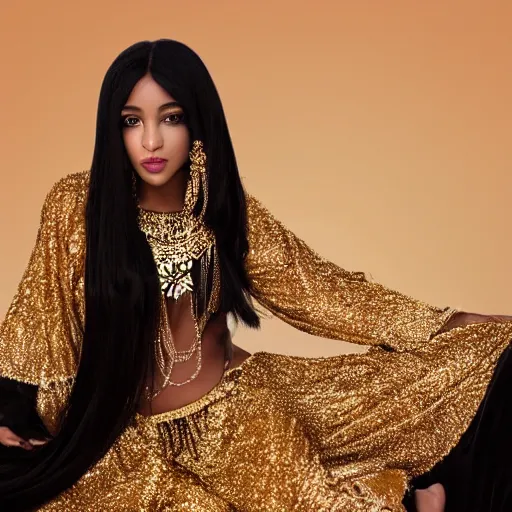 Image similar to aesthetic!!!!!! Female genie in Arabic clothing, black skin, long black hair, gold tint, frontal pose, cinematic lighting, silk, fabric, full-length view, graphex camera, symmetrical balance, in-frame, bokeh!!!!!!