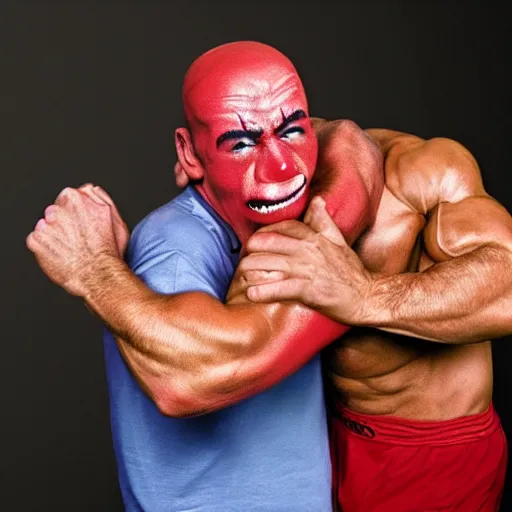 Image similar to UHD candid color photo of Joe Rogan holding Clown Arnold Schwarzenegger in a choke hold, accurate faces, UHD, photorealistic, correct faces, photo by Annie Leibowitz