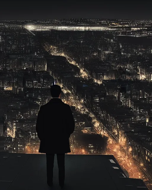 Prompt: a night rooftop scene by Liam Wong, close up shot of a photorealistic gangster wearing a trench coat looking at the city below, dark mood