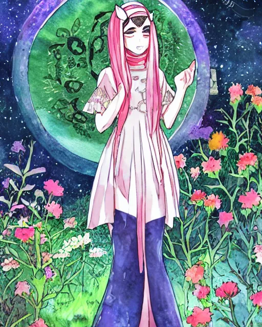 Prompt: middle eastern woman with cat ears, wearing a lovely dress in a scifi garden. this watercolor painting by the award - winning mangaka has impeccable lighting, an interesting color scheme and intricate details.