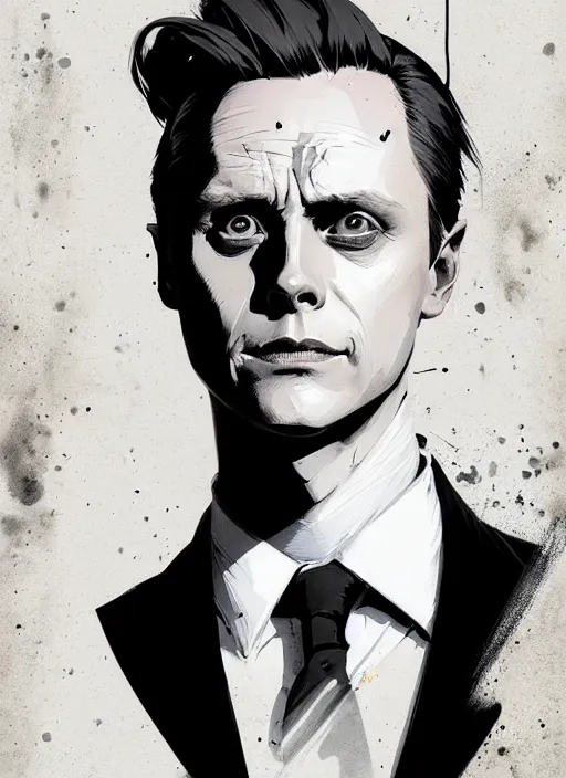 Image similar to highly detailed closeup portrait of sinister martin wallstrom, tyrell wellick, slick back hair wearing suit by atey ghailan, by greg rutkowski, by greg tocchini, by james gilleard, by joe fenton, by kaethe butcher, gradient blue, black and white only color scheme, grunge aesthetic!!! ( ( graffiti tag wall background ) )