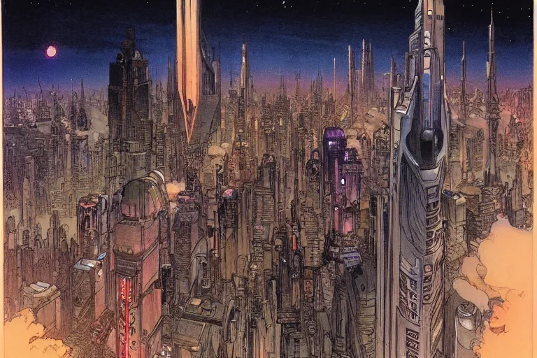 Image similar to a scifi illustration, Night City on Coruscant by m w kaluta