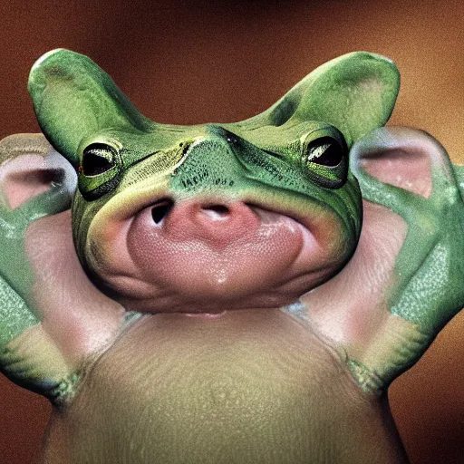 Prompt: Pig and Frog Hybrid creature, 4k, hyperrealistic, secret, lab photograph