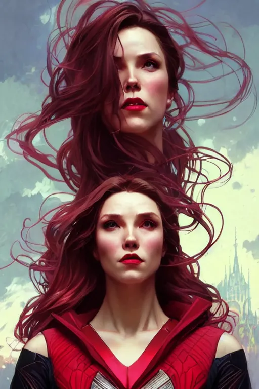 Image similar to gta scarlet witch profile picture by greg rutkowski, dynamic pose, intricate, futuristic, fantasy, elegant, by stanley artgerm lau, greg rutkowski, thomas kindkade, alphonse mucha, loish, norman rockwell, fantasy lut, asymmetric, long hair, retro computer graphics, video game, fluid lines,